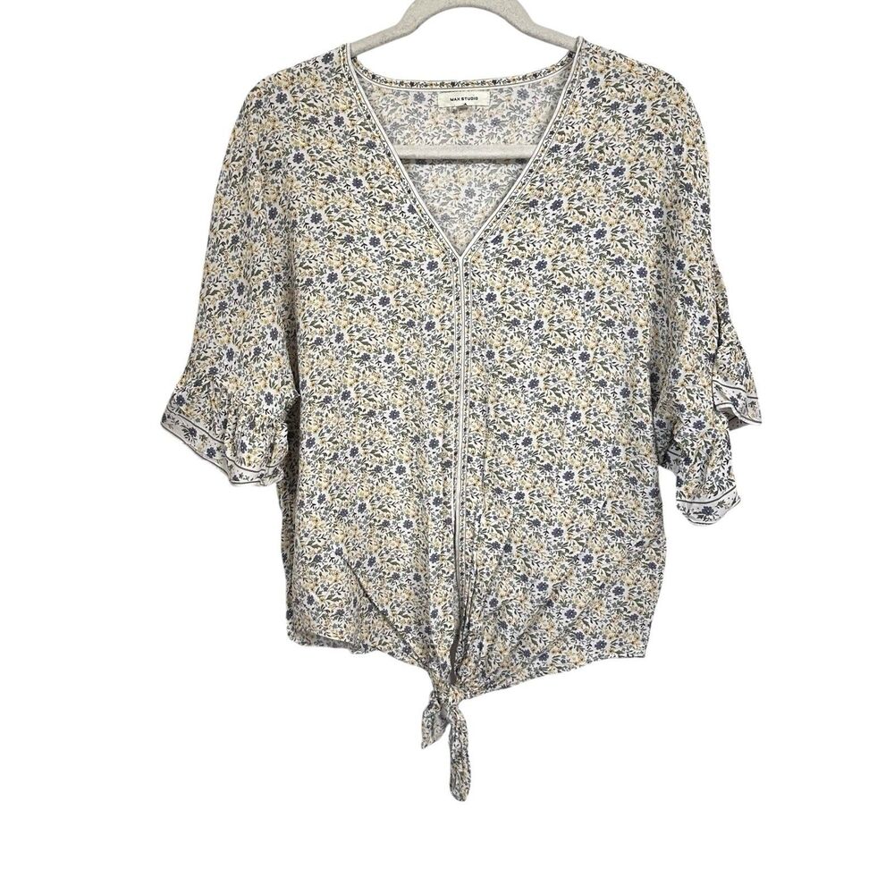 Max Studio Womens Sz S Floral Ruffle Short Sleeves Tie Front V Neck Blouse Boho